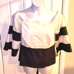 NEW YORK & CO White/Black Stretch Cotton Off-Shoulder Blouse SZ LRG